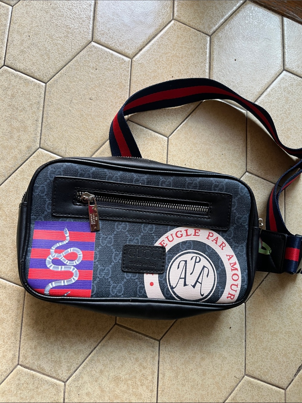Designer-Inspired Black Crossbody Belt Bag with Red & Blue Webbing